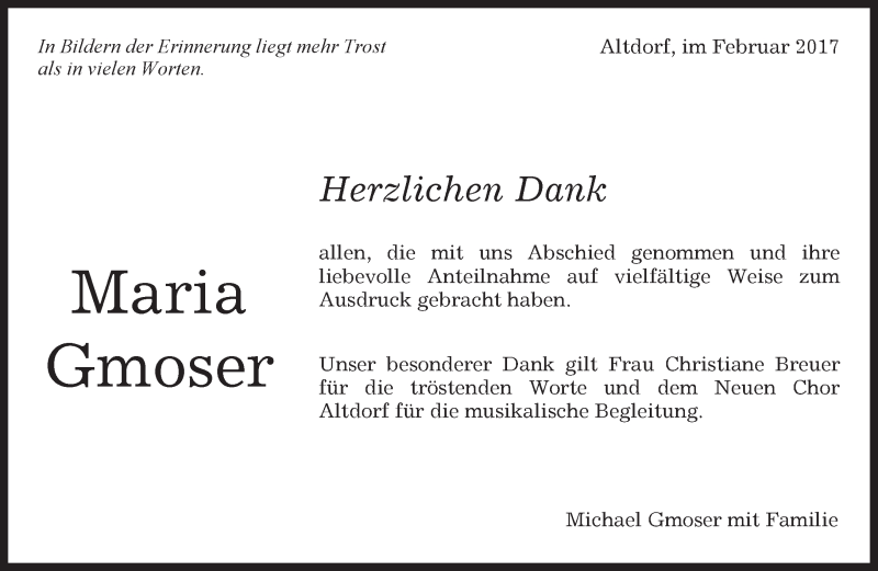  Traueranzeige für Maria Gmoser vom 03.02.2017 aus Kreiszeitung Böblinger Bote