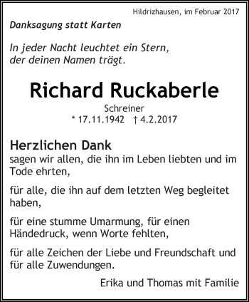 Traueranzeige von Richard Ruckaberle von Kreiszeitung Böblinger Bote