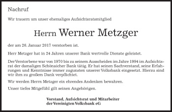 Traueranzeige von Werner Metzger von Kreiszeitung Böblinger Bote