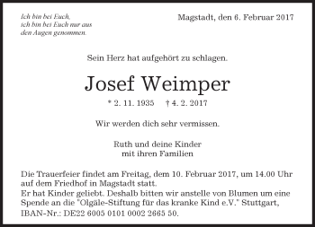 Traueranzeige von Josef Weimper von Kreiszeitung Böblinger Bote