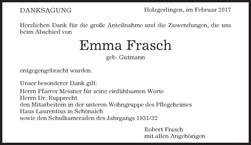  Traueranzeige für Emma Frasch vom 09.02.2017 aus Kreiszeitung Böblinger Bote