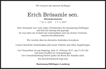 Traueranzeige von Erich Brösamle von Kreiszeitung Böblinger Bote