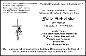 Traueranzeige von Julie Schelske von Kreiszeitung Böblinger Bote
