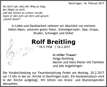 Traueranzeige von Rolf Breitling von Kreiszeitung Böblinger Bote