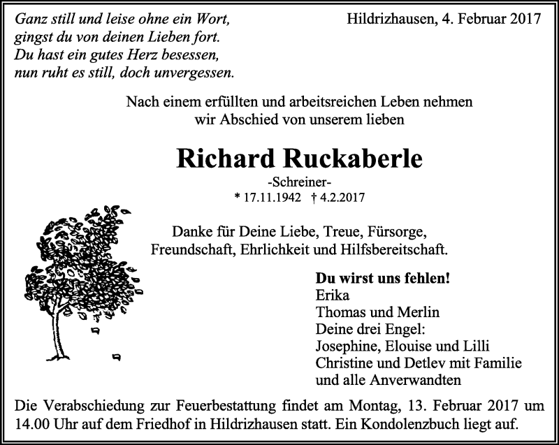  Traueranzeige für Richard Ruckaberle vom 09.02.2017 aus Kreiszeitung Böblinger Bote