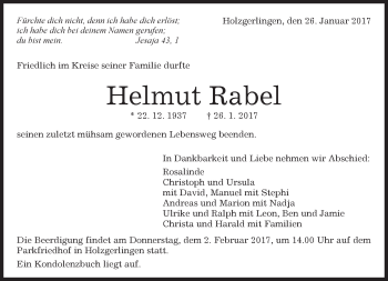 Traueranzeige von Helmut Rabel von Kreiszeitung Böblinger Bote