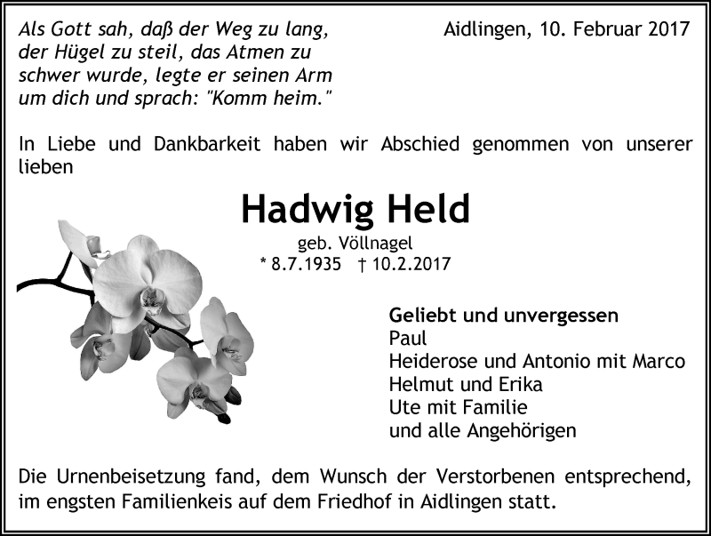  Traueranzeige für Hadwig Held vom 23.02.2017 aus Kreiszeitung Böblinger Bote