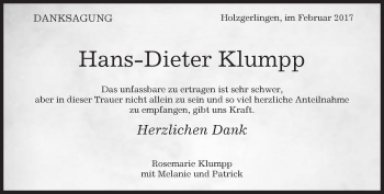 Traueranzeige von Hans Dieter Klumpp von Kreiszeitung Böblinger Bote