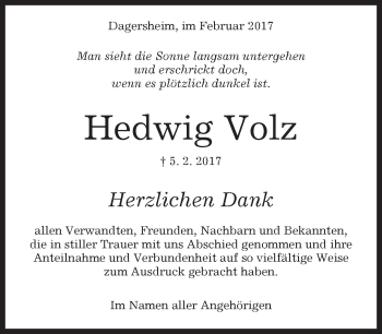 Traueranzeige von Hedwig Volz von Kreiszeitung Böblinger Bote