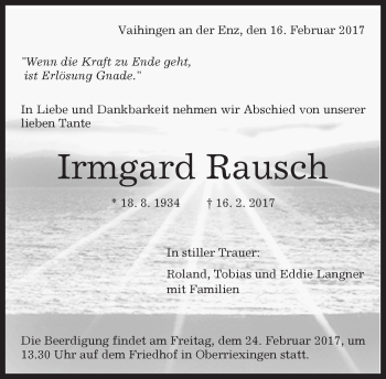 Traueranzeige von Irmgard Rausch von Kreiszeitung Böblinger Bote