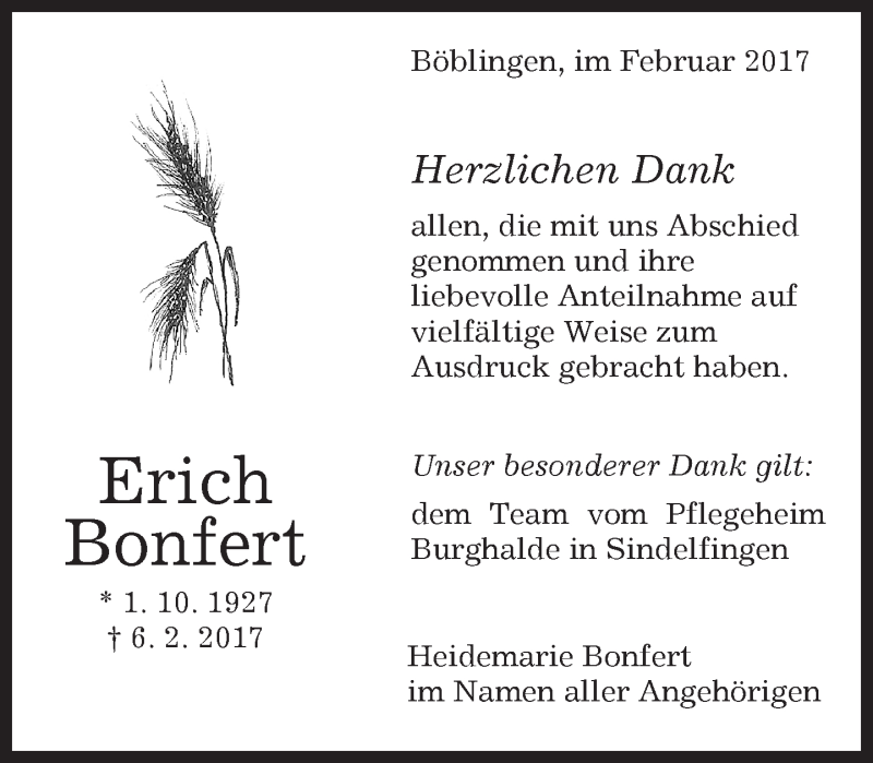 Traueranzeige für Erich Bonfert vom 18.02.2017 aus Kreiszeitung Böblinger Bote