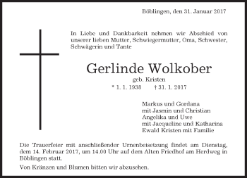 Traueranzeige von Gerlinde Wolkober von Kreiszeitung Böblinger Bote