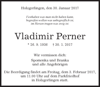 Traueranzeige von Vladimir Perner von Kreiszeitung Böblinger Bote