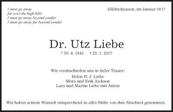 Traueranzeige von Utz Liebe von Kreiszeitung Böblinger Bote