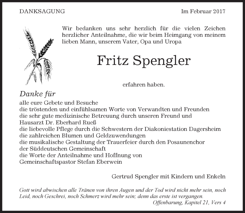  Traueranzeige für Fritz Sprengler vom 09.02.2017 aus Kreiszeitung Böblinger Bote