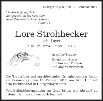 Traueranzeige von Lore Strohhecker von Kreiszeitung Böblinger Bote