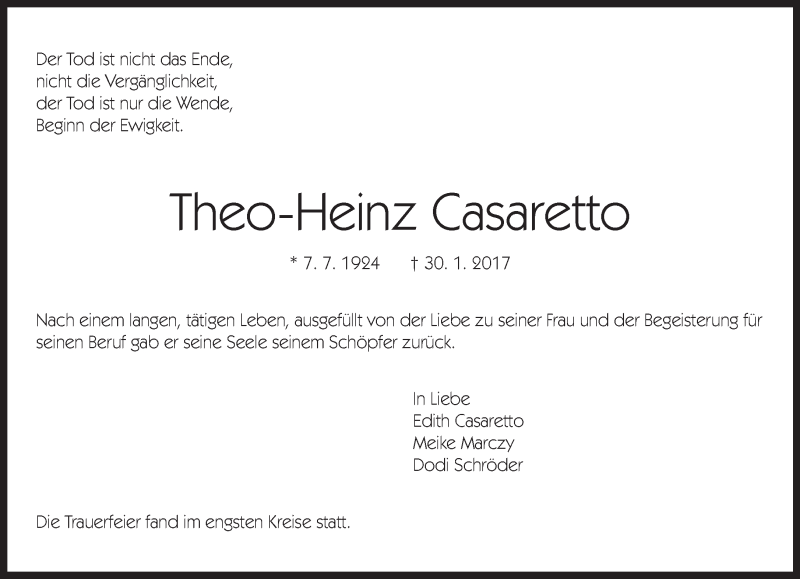  Traueranzeige für Theo-Heinz Casaretto vom 11.02.2017 aus Kreiszeitung Böblinger Bote