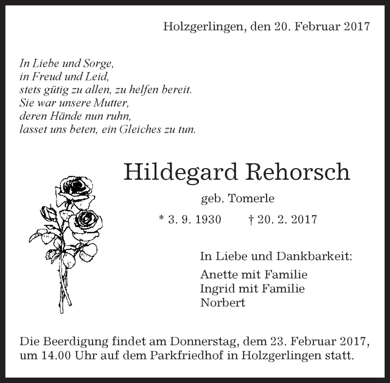  Traueranzeige für Hildegard Rehorsch vom 22.02.2017 aus Kreiszeitung Böblinger Bote