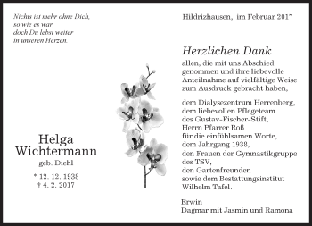 Traueranzeige von Helga Wichtermann von Kreiszeitung Böblinger Bote