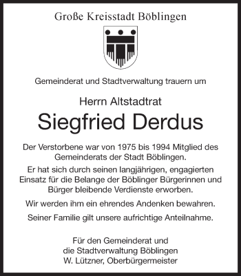 Traueranzeige von Siegfried Derdus von Kreiszeitung Böblinger Bote
