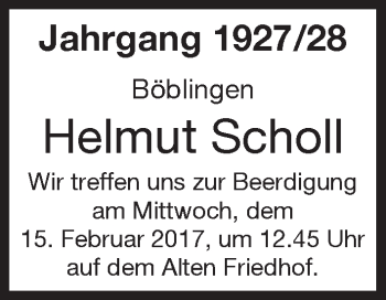 Traueranzeige von Helmut Scholl von Kreiszeitung Böblinger Bote