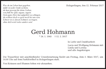 Traueranzeige von Gerd Hohmann von Kreiszeitung Böblinger Bote