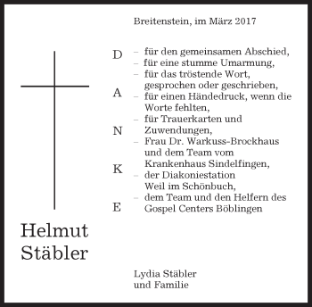 Traueranzeige von Helmut Stäbler von Kreiszeitung Böblinger Bote