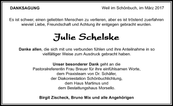 Traueranzeige von Julie Schelske von Kreiszeitung Böblinger Bote