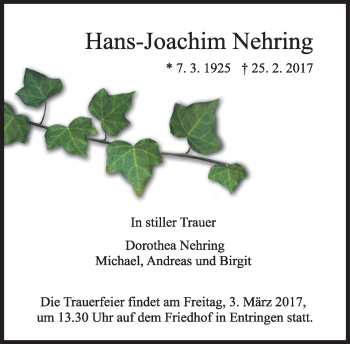 Traueranzeige von Hans-Joachim Nehring von Kreiszeitung Böblinger Bote