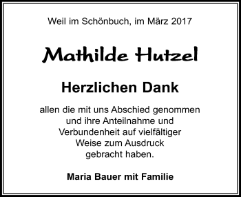Traueranzeige von Mathilde Hutzel von Kreiszeitung Böblinger Bote