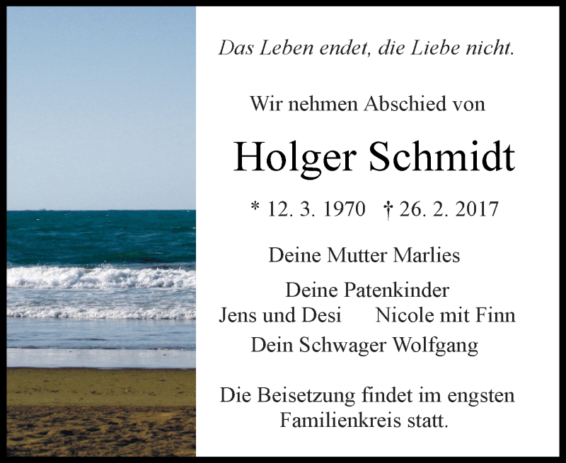  Traueranzeige für Holger Schmidt vom 09.03.2017 aus Kreiszeitung Böblinger Bote