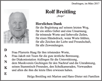 Traueranzeige von Rolf Breitling von Kreiszeitung Böblinger Bote