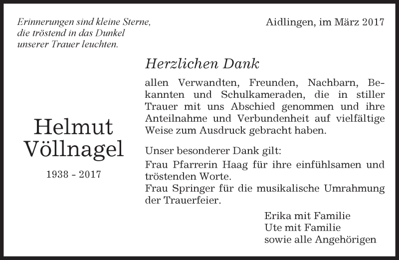  Traueranzeige für Helmut Völlnagel vom 11.03.2017 aus Kreiszeitung Böblinger Bote