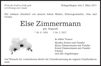 Traueranzeige von Else Zimmermann von Kreiszeitung Böblinger Bote