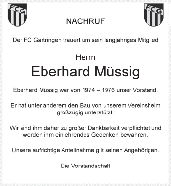 Traueranzeige von Eberhard Müssig von Kreiszeitung Böblinger Bote