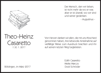 Traueranzeige von Theo-Heinz Casaretto von Kreiszeitung Böblinger Bote