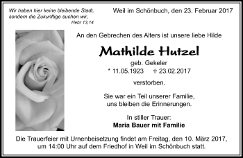 Traueranzeige von Mathilde Hutzel von Kreiszeitung Böblinger Bote