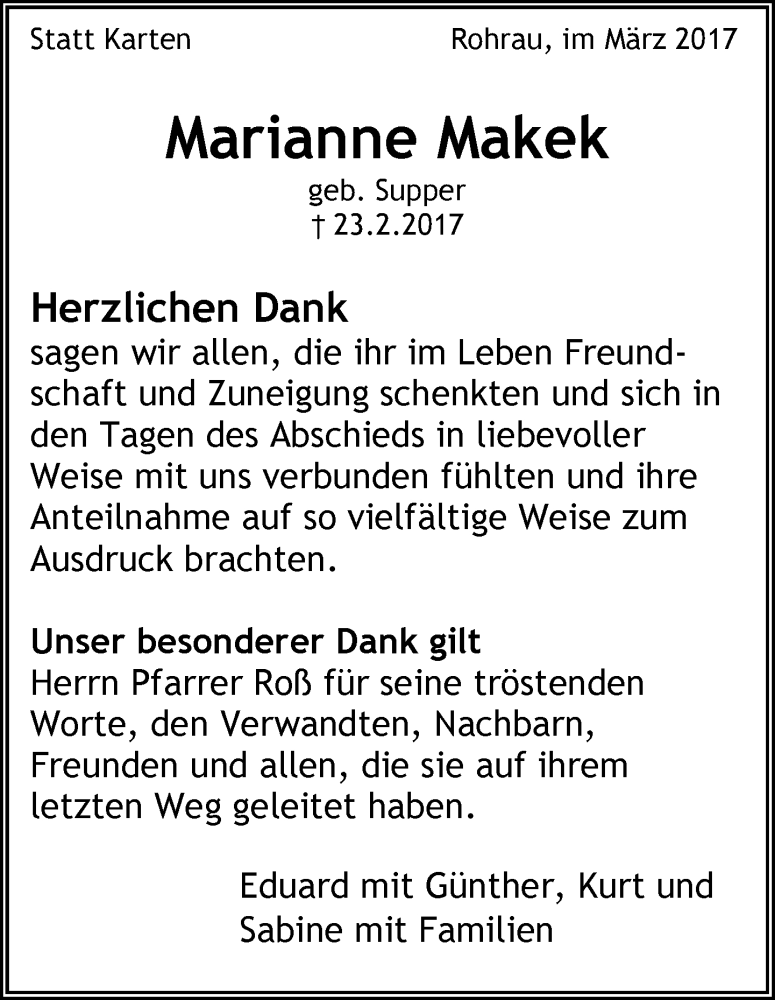  Traueranzeige für Marianne Makek vom 09.03.2017 aus Kreiszeitung Böblinger Bote