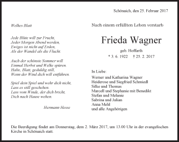 Traueranzeige von Frieda Wagner von Kreiszeitung Böblinger Bote