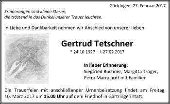 Traueranzeige von Gertrud Tetschner von Kreiszeitung Böblinger Bote