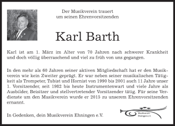 Traueranzeige von Karl Barth von Kreiszeitung Böblinger Bote