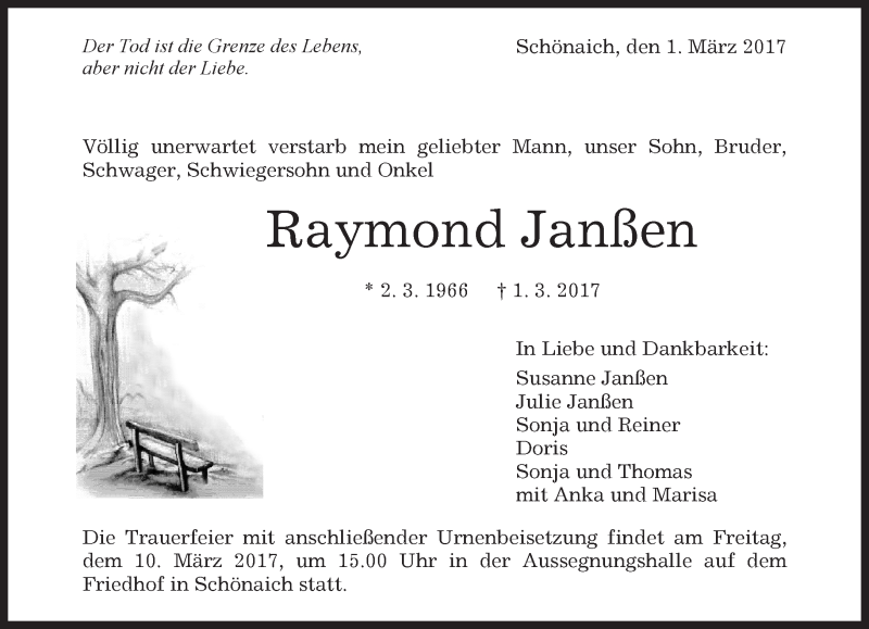  Traueranzeige für Raymond Janßen vom 09.03.2017 aus Kreiszeitung Böblinger Bote