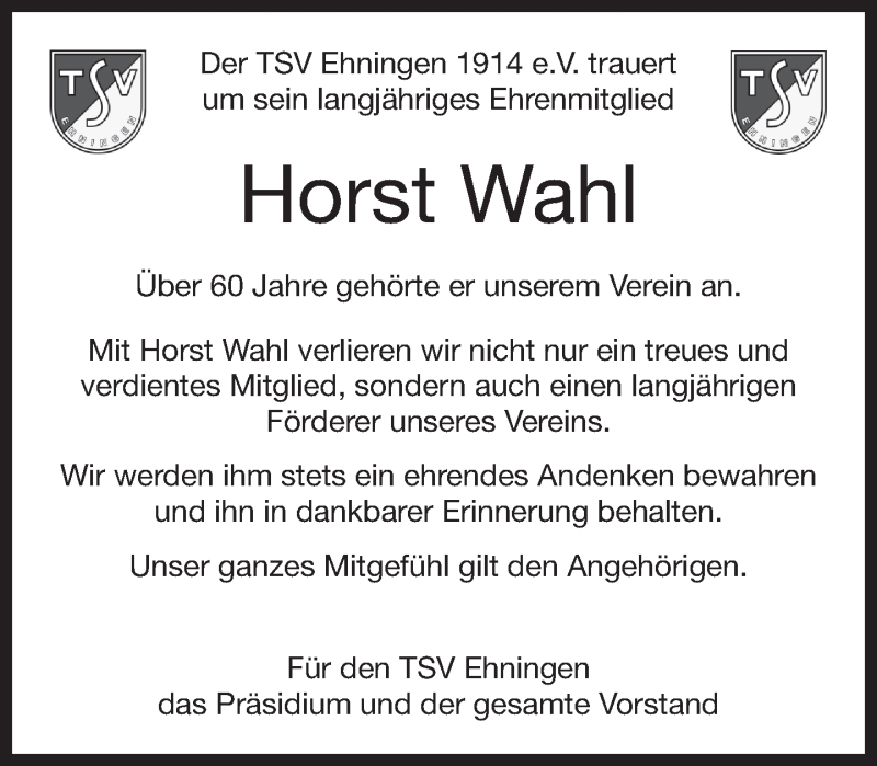  Traueranzeige für Horst Wahl vom 30.03.2017 aus Kreiszeitung Böblinger Bote