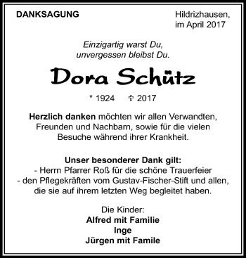 Traueranzeige von Dora Schütz von Kreiszeitung Böblinger Bote