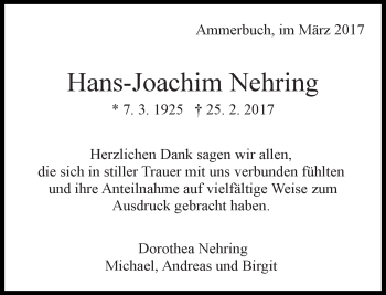 Traueranzeige von Hans-Joachim Nehring von Kreiszeitung Böblinger Bote