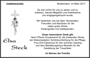 Traueranzeige von Elsa Steck von Kreiszeitung Böblinger Bote