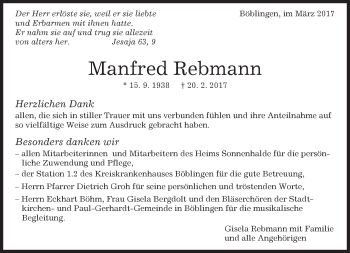 Traueranzeige von Manfred Rebmann von Kreiszeitung Böblinger Bote