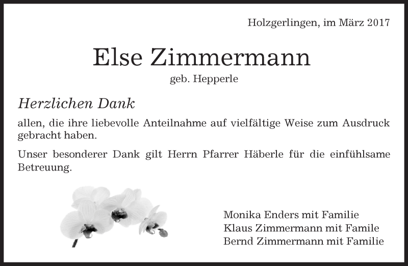  Traueranzeige für Else Zimmermann vom 24.03.2017 aus Kreiszeitung Böblinger Bote