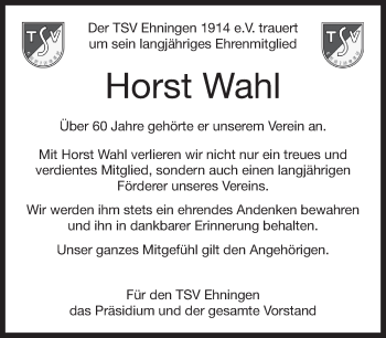Traueranzeige von Horst Wahl von Kreiszeitung Böblinger Bote