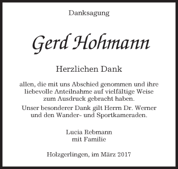 Traueranzeige von Gerd Hohmann von Kreiszeitung Böblinger Bote